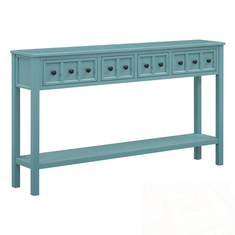 Ashay Rustic Console Table with two Different Size Drawers and Bottom Shelf, Turquoise