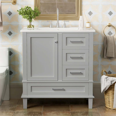 30 Inch Modern Bathroom Vanity With Sink, Grey Solid Wood Frame, Soft Close Door, And 3 Drawers For Elegant Storage