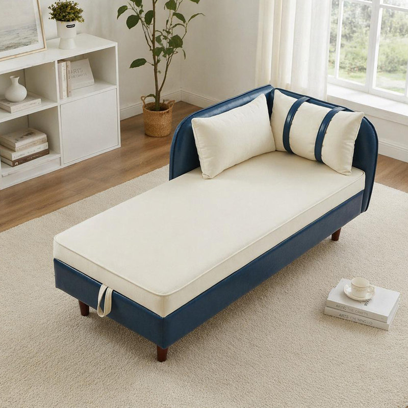 Canapé de rangement 65 po en polyuréthane bleu marine et beige, Beige / bleu, Brun