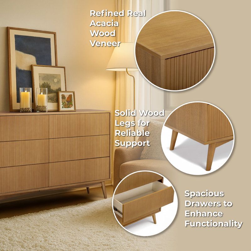 Solid Wood 140cm W 6 - Drawer Chest of Drawers, Natural
