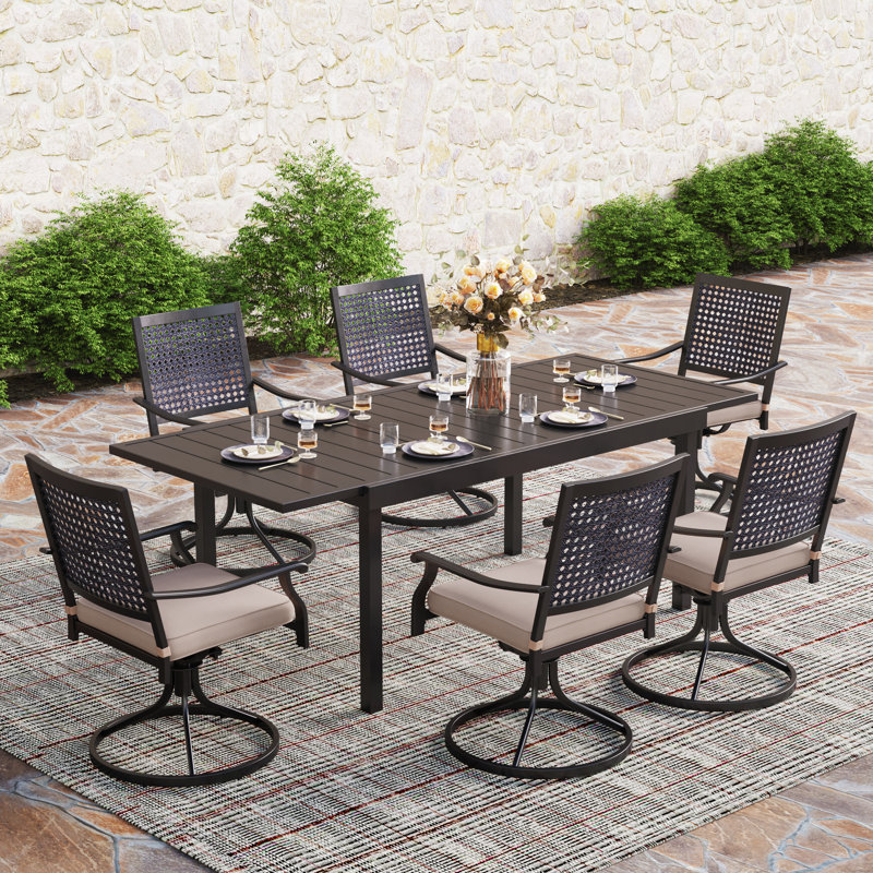Ensemble repas d'extérieur avec chaises pivotantes et table extensible 7 pièces Argyri