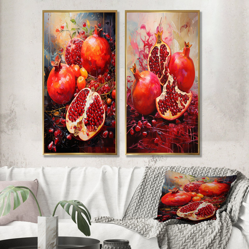 «Crimson Cosmos Pomegranate Fruit - Fruit», ensemble de 2 reproductions d'art mural, Encadrement doré, H 40 po x l 41 po