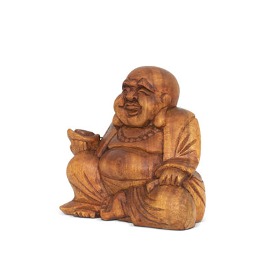 Mini statue de Bouddha joyeux en bois 4,5 po sculpté à la main souriant assis à la main Figurine décorative faite à la main