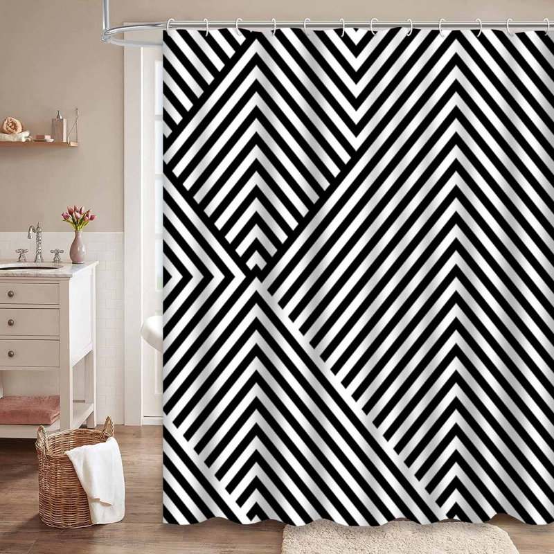 Rideau de douche noir à motifs géométriques noirs avec 12 crochets, L 72 po x l 78 po
