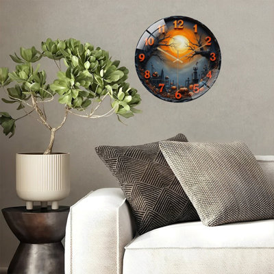 Halloween Clock Spooky Scene Art - 12'' Modern Glass Wall Clock