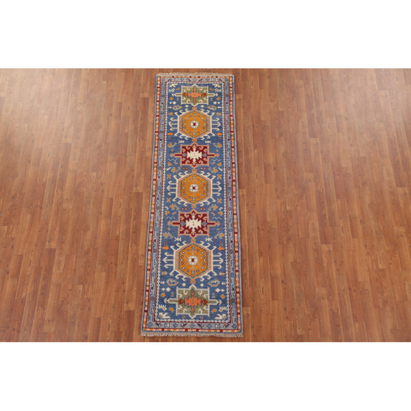 Tapis de couloir indien bleu traditionnel 2x8