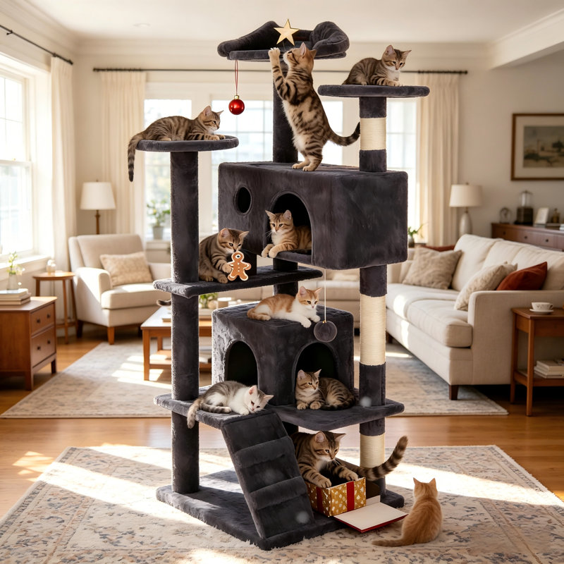 Tour pour arbre à chat 54 po multi-fonctionnelle gris foncé avec jouets amovibles, maison de chat confortable et salon de jeu pour une décoration moderne