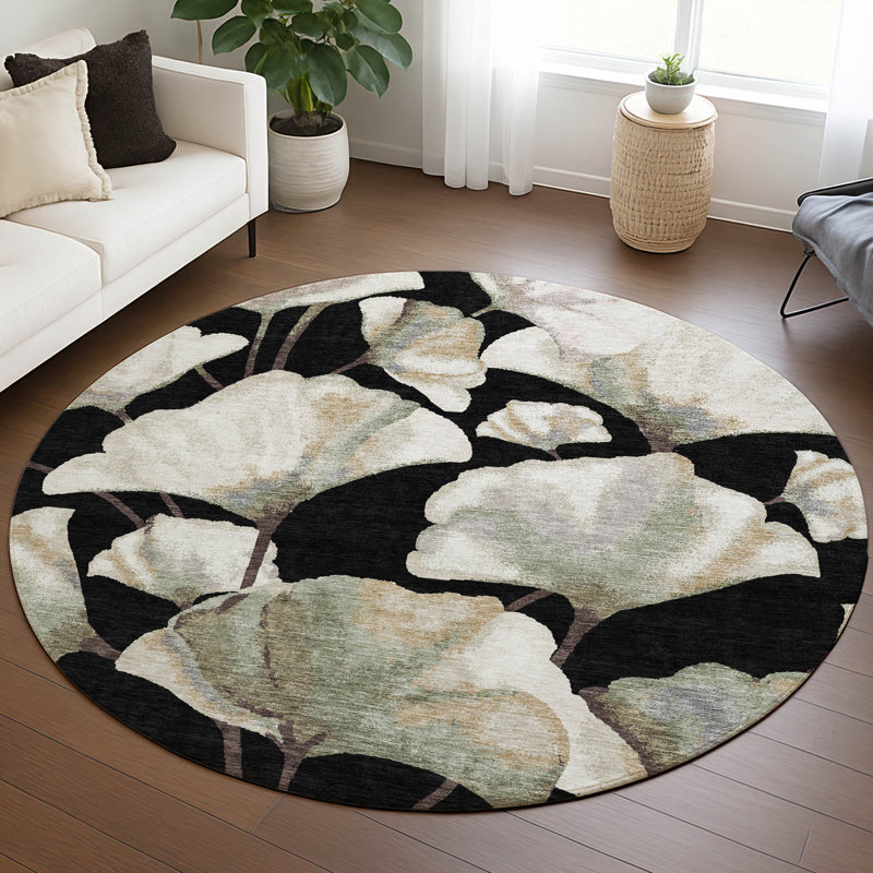 Machine Washable Indoor/Outdoor Raemoore ACN2405 Botanical Rug, Round 8'