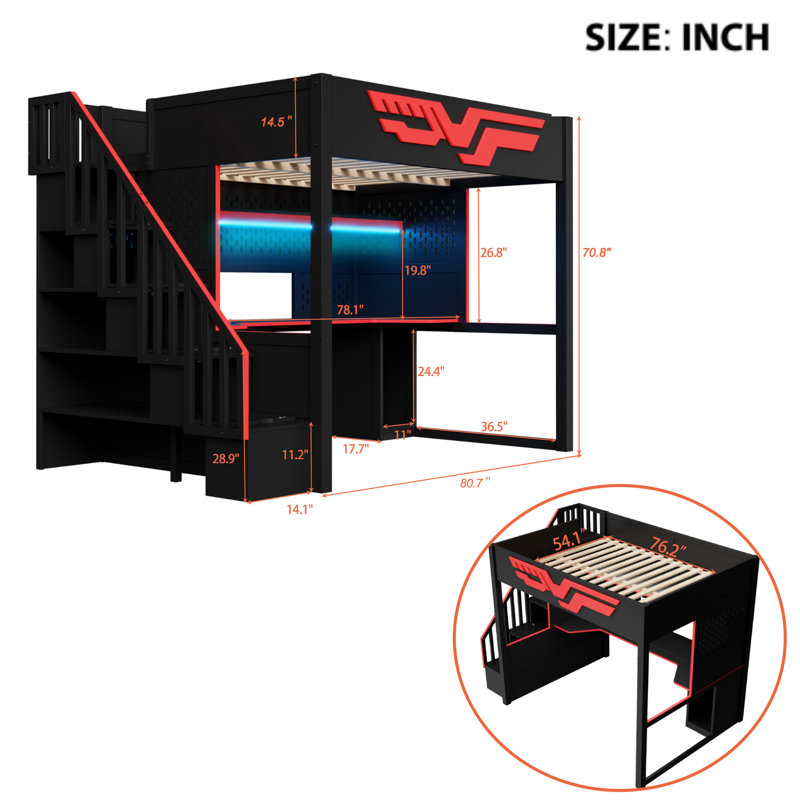 Lit mezzanine avec bureau et escalier de rangement Gaming