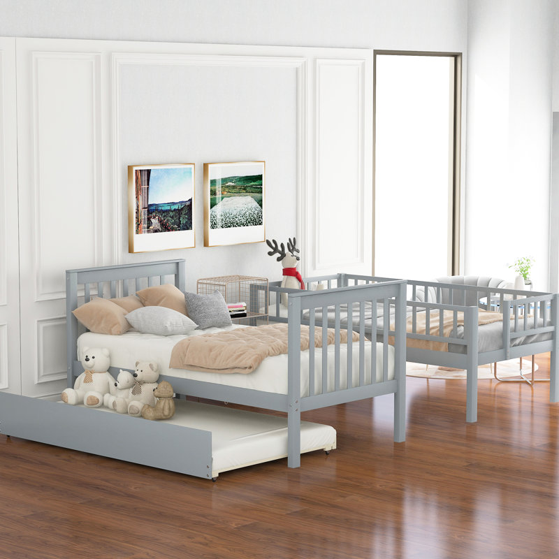 Lit simple superposé au dessus d'un lit gigogne gris, 4 tablettes de rangement, matelas d'une épaisseur de 6 po et d'une épaisseur de 6 pi
