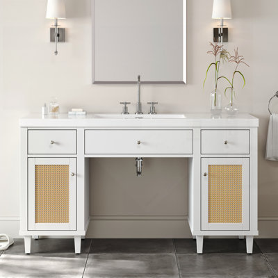 Meuble-lavabo moderne et spacieux avec lavabo SMC, tiroirs à fermeture en douceur, plateau basculant et pieds en bois massif, blanc
