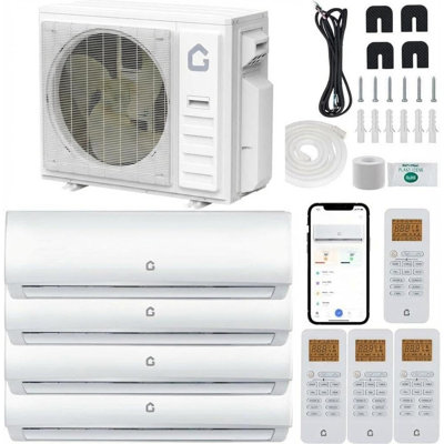 Mini-pompe à chaleur et climatisation à deux zones de 35 000 BTU, système sans conduit 19 SEER2 9k + 9k + 12k + 12k, Wi-Fi, condensateur préchargé, 208-230V pour un confort personnalisé pour toute la maison