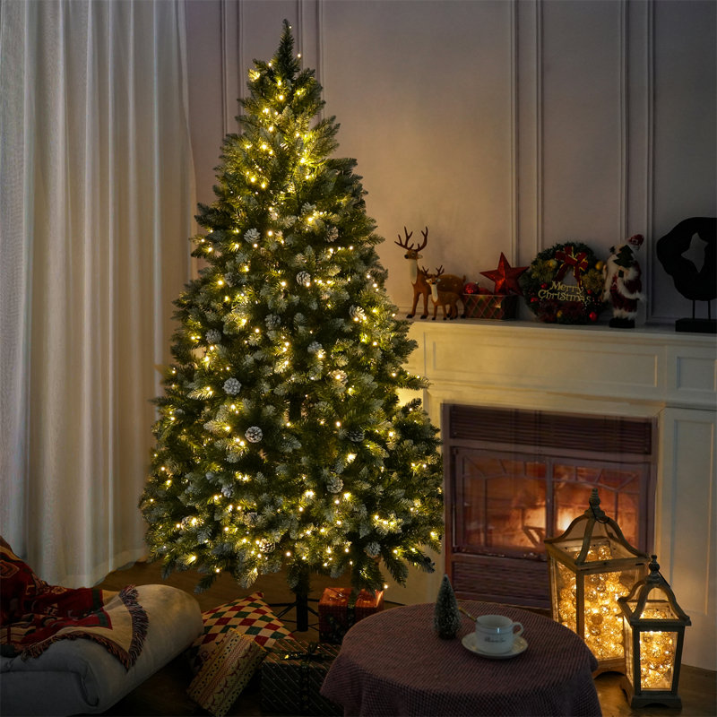 White Sprayed Christmas Tree With Pinecones, 6FT, Pre-Lit
