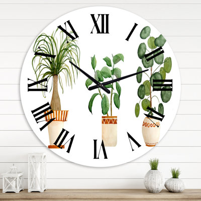 Trio de plantes d'intérieur, queue de cheval, palmier et ficus - horloge murale traditionnelle