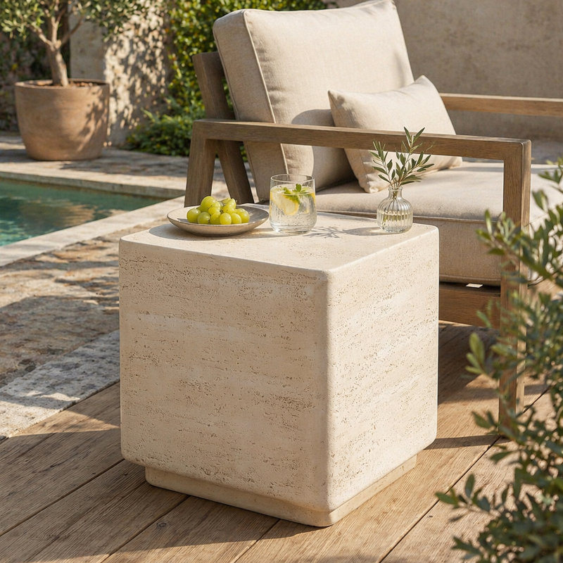 Ensemble de 1 table d'appoint d'extérieur MGO, finition travertin beige