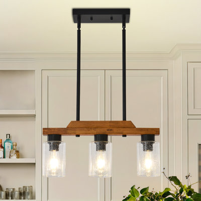  Farmhouse Chandelier 3-Light Dining Room Light Fixture, Farmhouse Linear Kitchen Island Lighting with Seeded Glass Shade, Rustic Wood Ceiling Pendant Light Fixtures