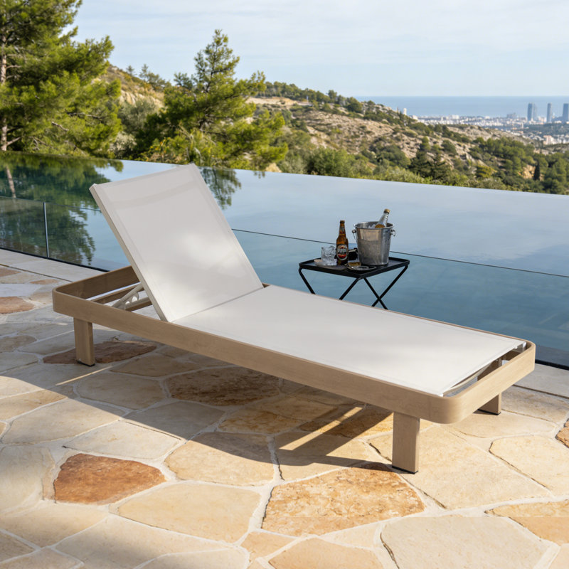 Chaise longue à assemblage rapide, chaise longue d'extérieur en aluminium, chaise longue en placage de grain de bois pour patio (seulement 1 chaise)