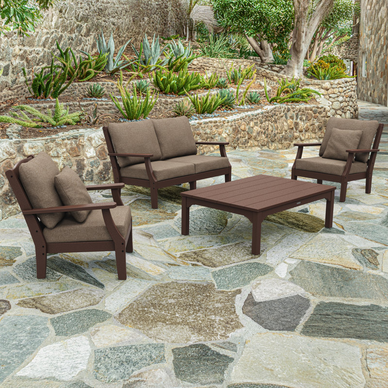 Chinoiserie 4 - Person Outdoor Seating Group with Cushions, Spiced Brown Revolution®, Mahogany