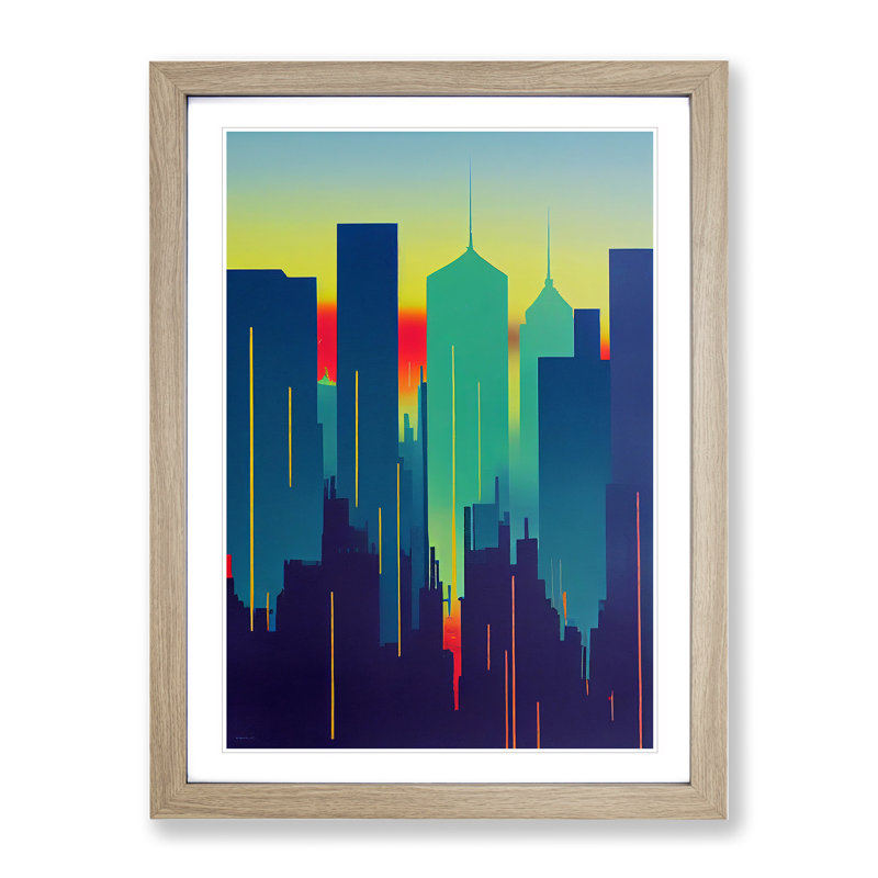 Enticing City Skyline Abstract - Framed Print, 64cm H x 46cm W, Oak