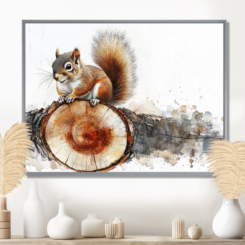 Mignon écureuil sur une forêt glissoire en bois II - impressions sur toile d'écureuil, H 30 po x l 40 po, Argent argent
