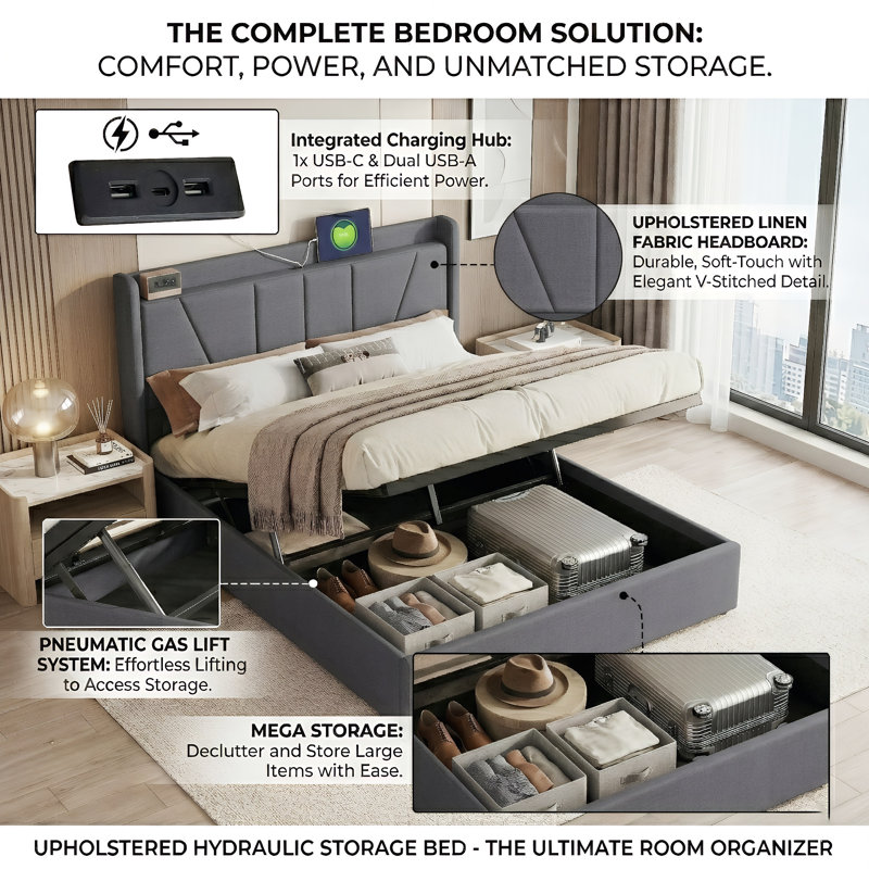 Linen Ottoman Bed with Built-in Cahrging Station, Modern Gas-Lift Storage Bed, Beige/Grey,  EU Double/King 140/160x200cm