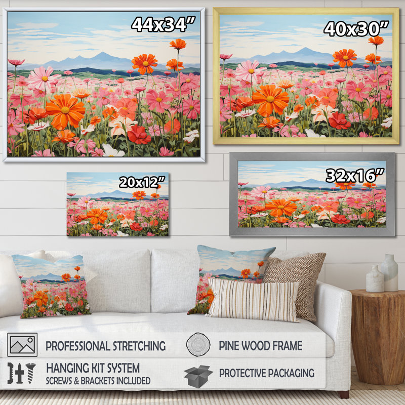 Zinnias Charm In Mountain I sur impression sur toile, Cadre flottant blanc, H 24 po x l 32 po x P 1 po
