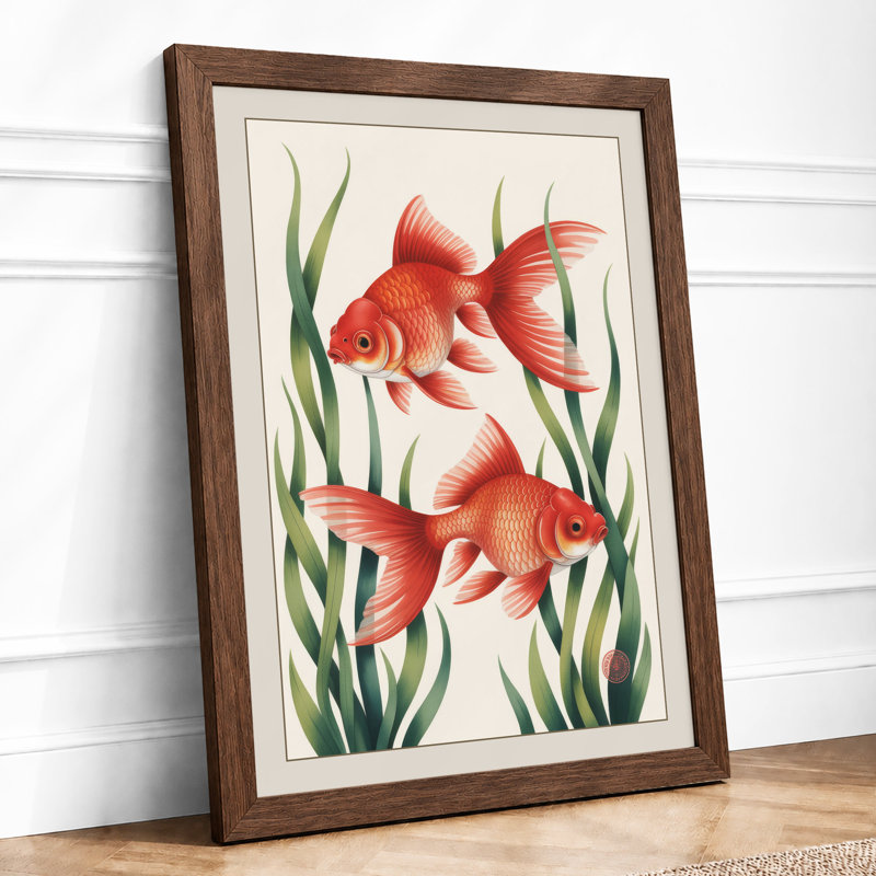 Goldfish Among Aquatic Plants Botanical - Print, A2 - 59.4 x 42.0 cm, Walnut