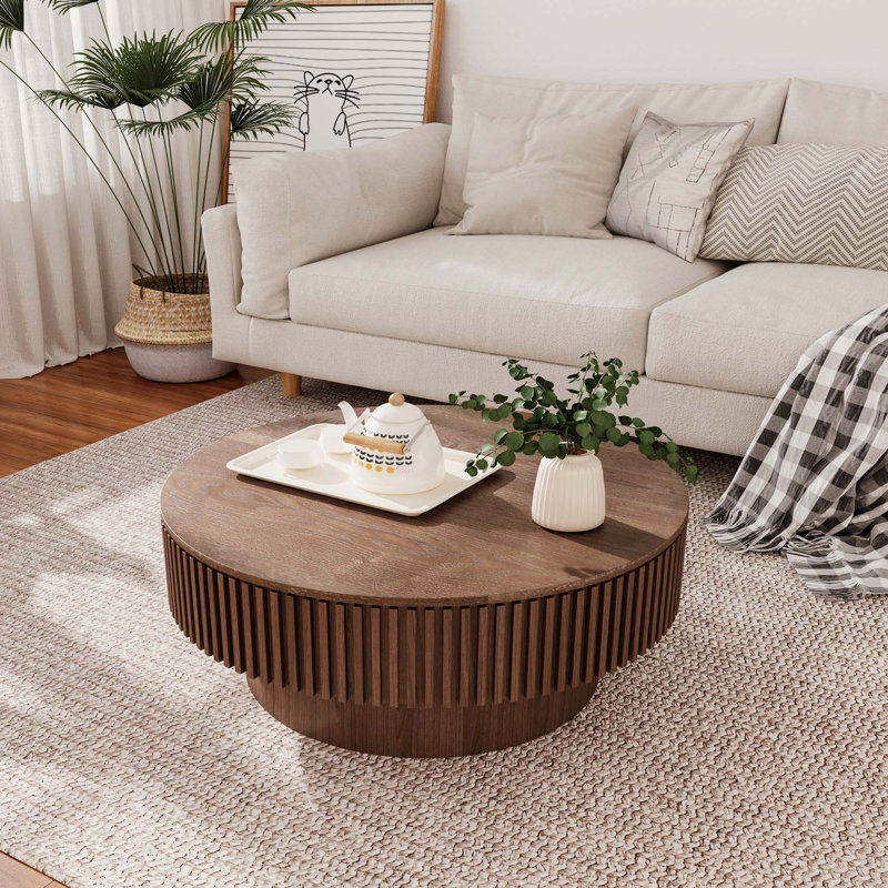 31.5" Modern Round Coffee Table With Storage Solid Wood Veneered Coffee Table Accent Tea Table, Walnut