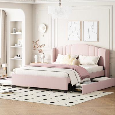 Lit plateforme tapissier rose avec tête de lit à oreilles pour une expérience luxueuse - sans sommier, 2 tiroirs et lit gigogne simple