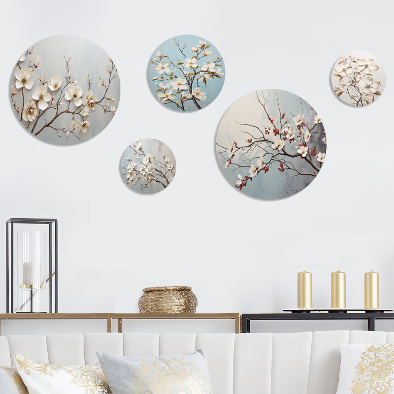 «White Dogwood Blossom Scenery I» - ensemble d'art mural 5 pièces cornouiller - ensemble de 5 décorations murales traditionnelles en métal