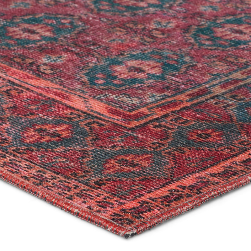 Kalinar Dark Red and Blue Synthetic Washable 4' x 6' Rug