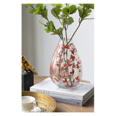 Round Clear Glass Vase with Red Floral Design, 9.1" H x 6" D