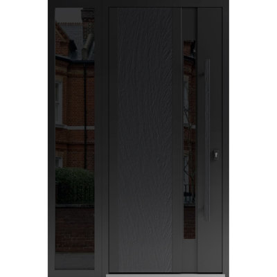 Façade avant en acier pré-suspendue / Dekton 0163 Ardesia Nero / Fenêtre extérieure latérale Sidelite / Entrée en métal peint moderne l 36 po x H 12 po x H 80 po à gauche