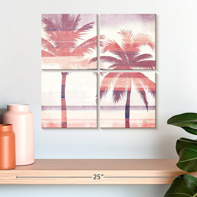 Harnek, paysage de plage, palmiers, rose, mauve, H 18 po x l 18 po