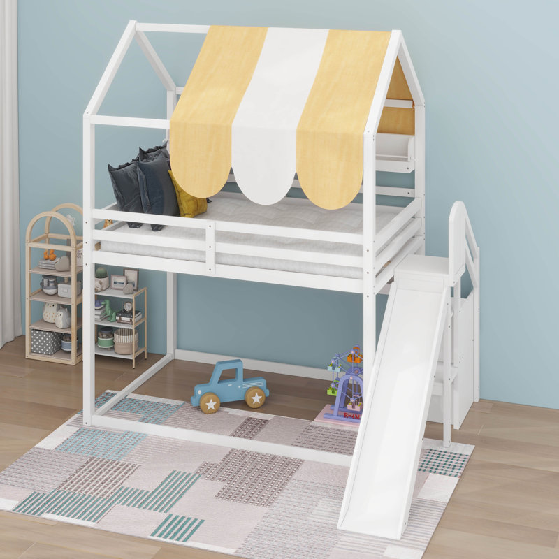 Full Size House Bed With Canopy, Slide & Built-In Bookshelves, White