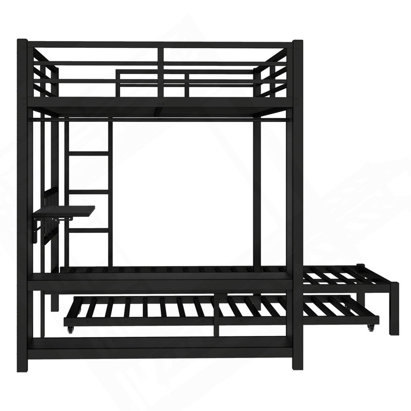 Lit superposé double au-dessus de simple avec garde-robe intégré, lit superposé en métal avec lit gigogne, bureau pliable, échelles, conception à réduction de bruit, noir