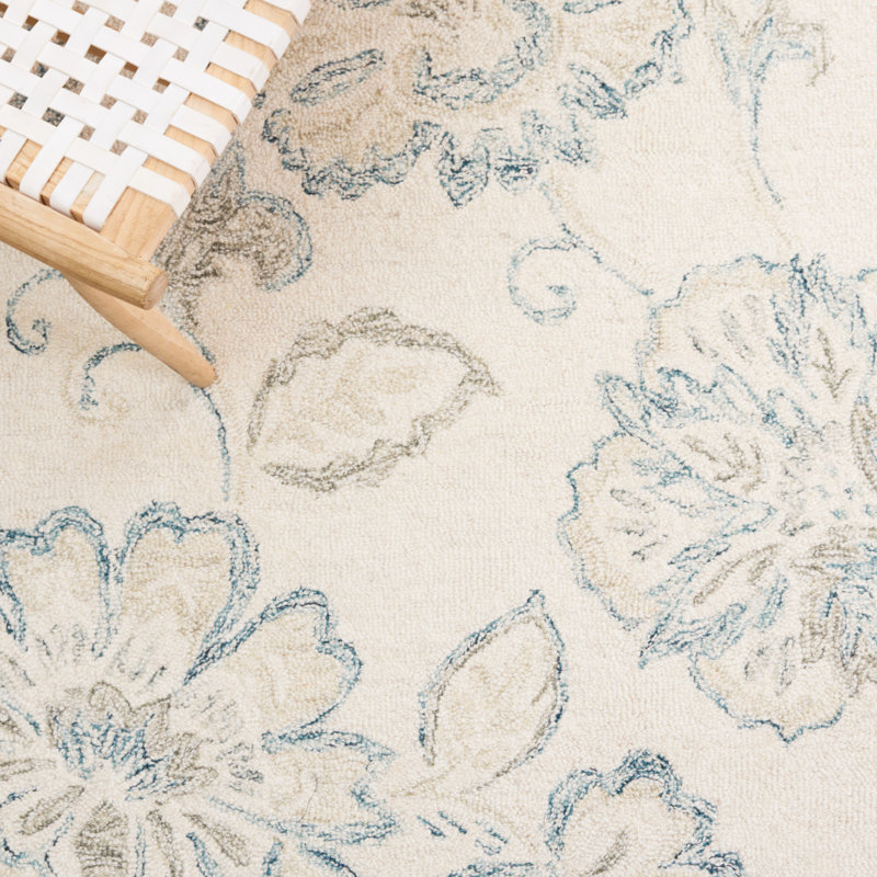 Tapis rectangulaire en laine / coton touffeté à la main à motif floral ivoire / bleu, Rectangle 3 pi x 5 pi