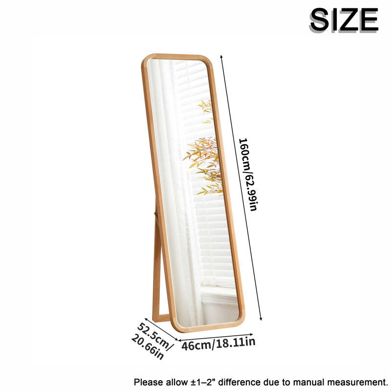 Miroir sur pied pleine longueur en bois de hêtre massif, fini bois naturel, miroir 2 en 1 à poser et à fixer au mur, idéal pour la décoration de la chambre, du dressing ou de l'entrée.