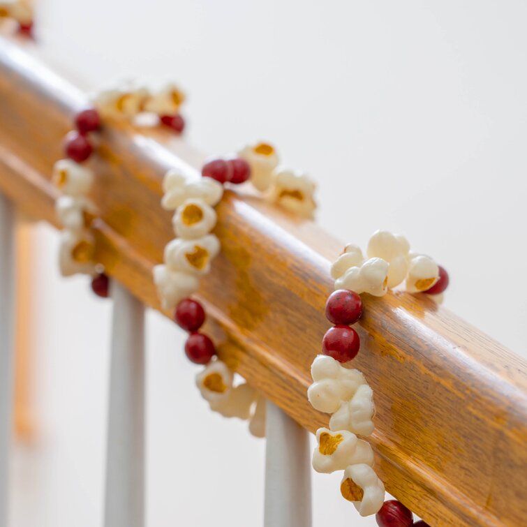 Faux Popcorn and Cranberry Bead Garland - (Set of 2) 1 Burgundy Bead Wood  Garland & 1 Artificial Popcorn with Cranberry Colored Beads Garland, can be