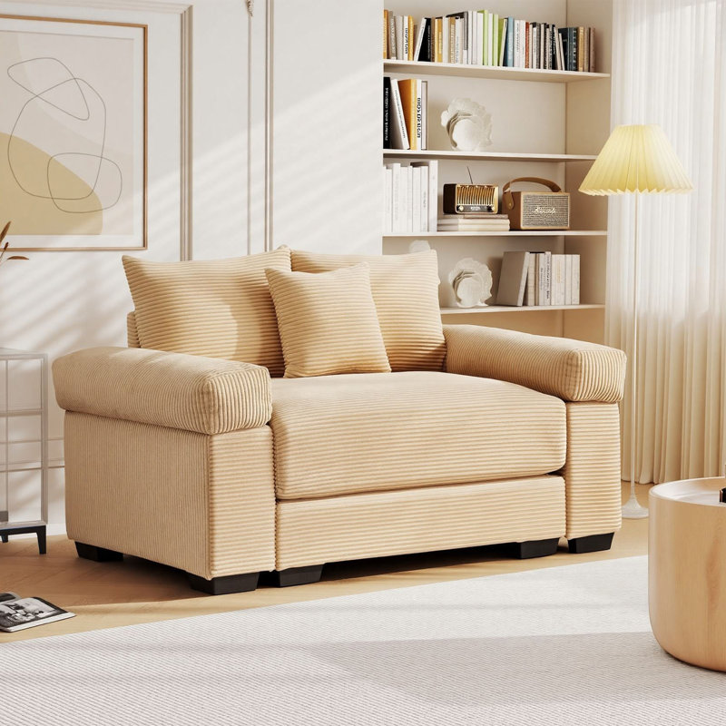 Fauteuil de lecture surdimensionné en velours côtelé de 138 cm de large, fauteuil canapé une place, Camel, 0 Ottoman