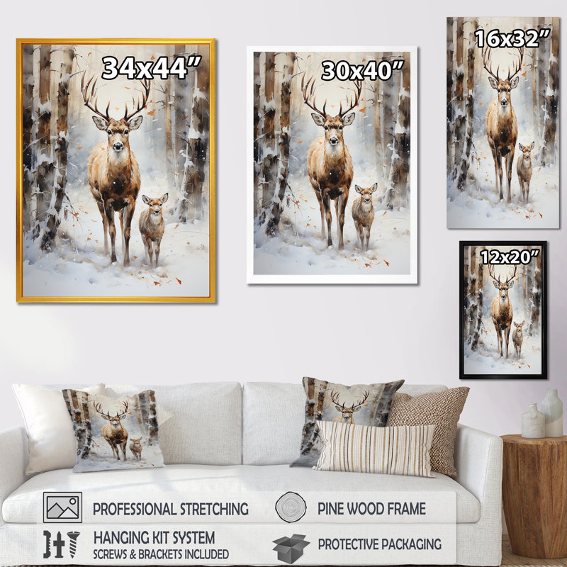 Famille de cerfs au pays des merveilles hivernales - Art mural de chevreuil pour le salon, H 32 po x l 16 po x P 1 po