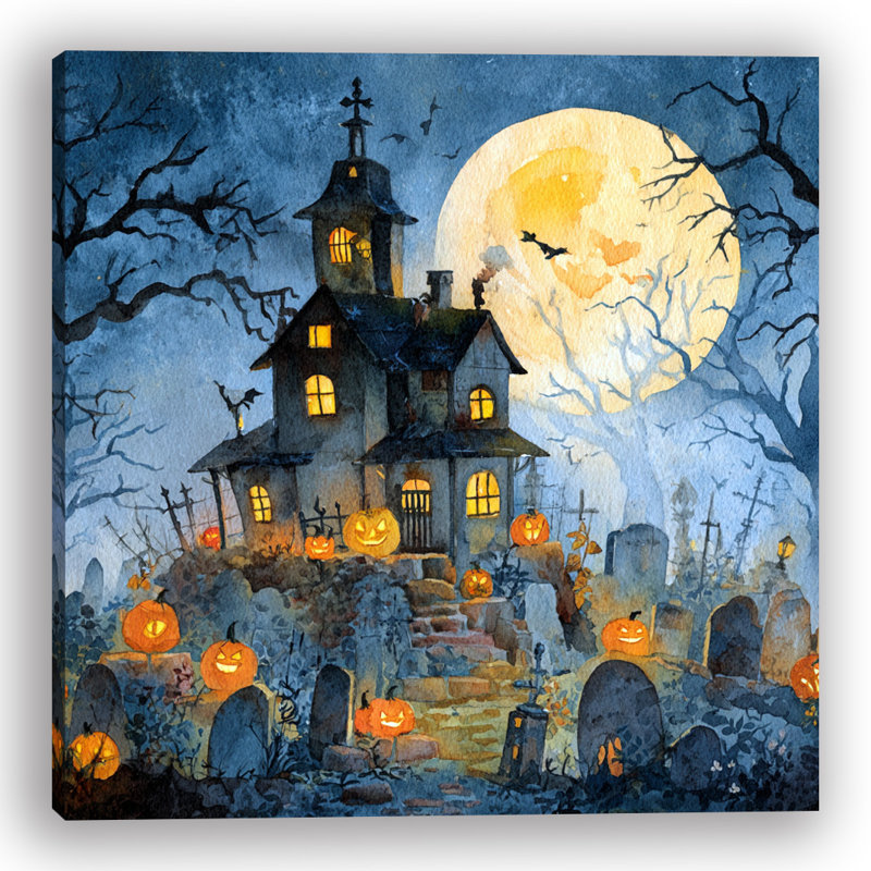 Art mural sur toile, "Graveyard Pumpkin House", H 30 po x l 30 po