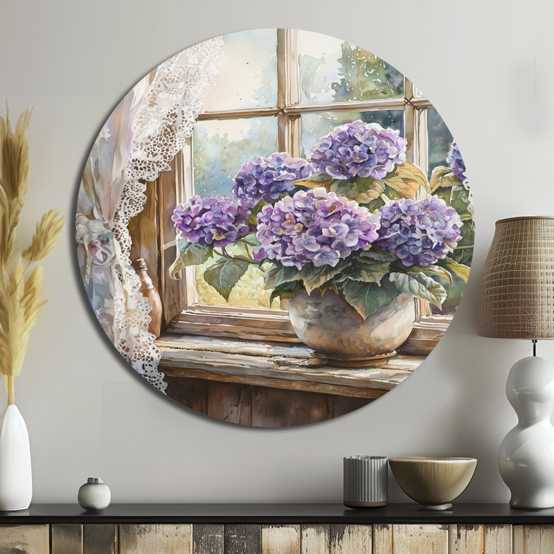 Hortensias par The Farmhouse Window II - Hydrangea, art mural rond en métal, 16" H x 16" W