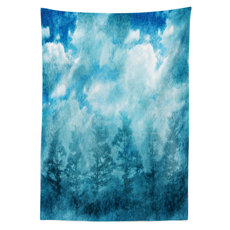 Ambesonne Grunge Tablecloth, Grunge Abstract Illustration With Night Forest Cloudy Sky Nature Landscape Picture, Rectangular Table Cover For Dining Room Kitchen Decor, 52" X 70", Blue Teal
