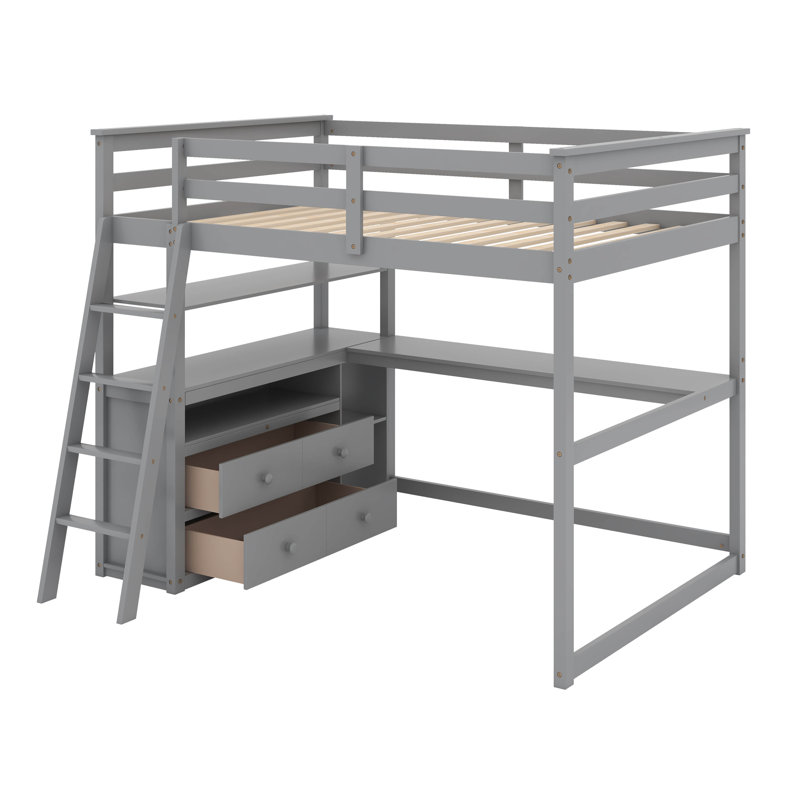 Lit mezzanine double avec bureau et tablettes, Gris