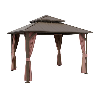 Pavillon de jardin robuste en aluminium et en acier galvanisé 10 x 10 pi avec double toit, moustiquaire et rideaux d'intimité - Abri pour patio, cour et piscine