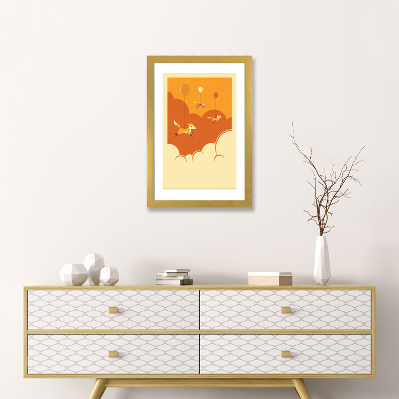 Volée de renards, art encadré, H 32 po x l 24 po x P 1 po, Papier encadré doré
