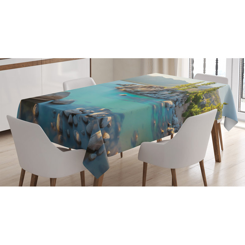 Lake Tablecloth, Pastoral Spring Time Scenery In Provincial Countryside Lake Beach Shallow Water Theme, Rectangular Table Cover For Dining Room Kitchen Decor, 52" X 70", Blue Grey