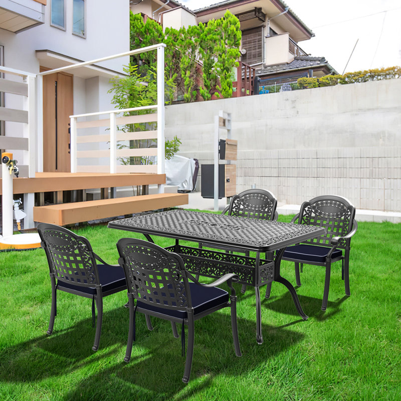 Mobilier d'extérieur en fonte d'aluminium avec table rectangulaire et coussins - Noir