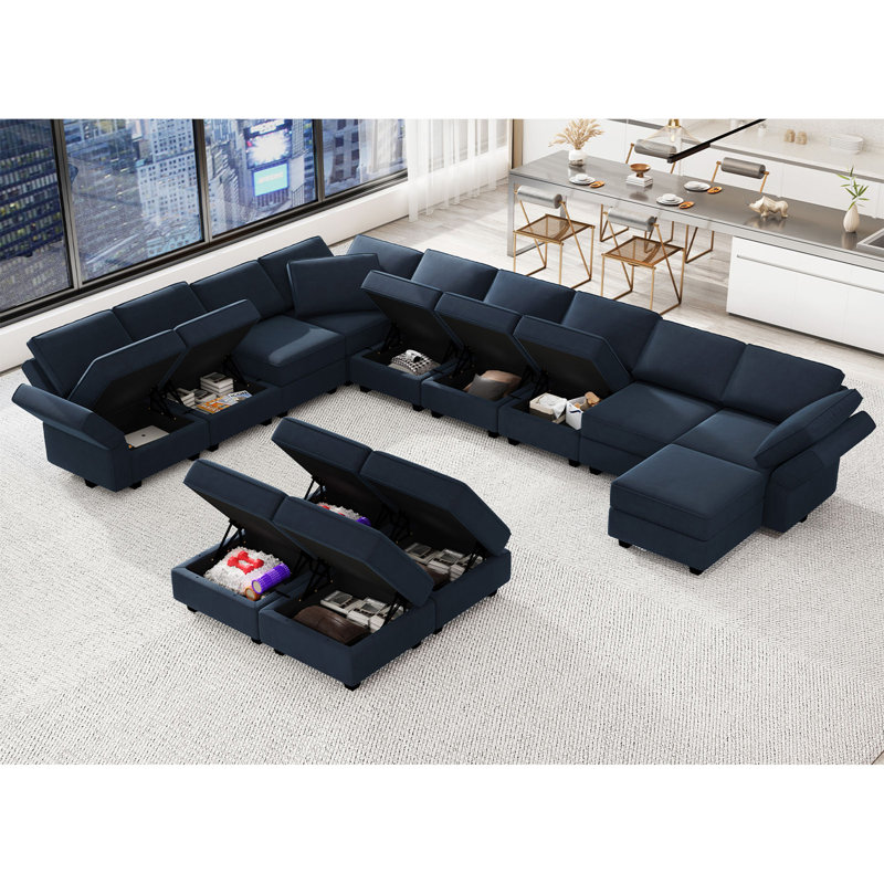 Wylodene U-Shaped Velvet Reversible Modular Sectional, Blue Velvet